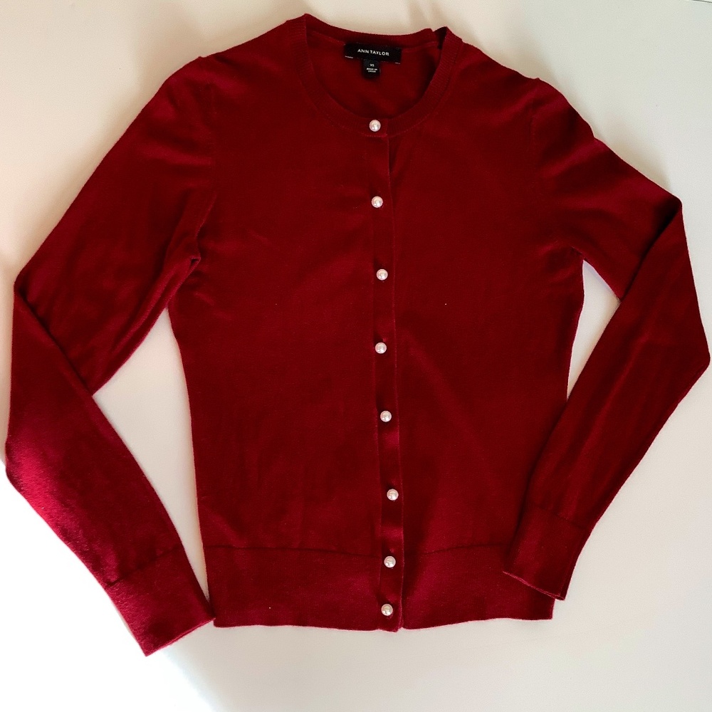Burgundy cardigan with faux pearl buttons